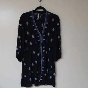 Free People Black Tunic Dress with Blue and White Embroidery